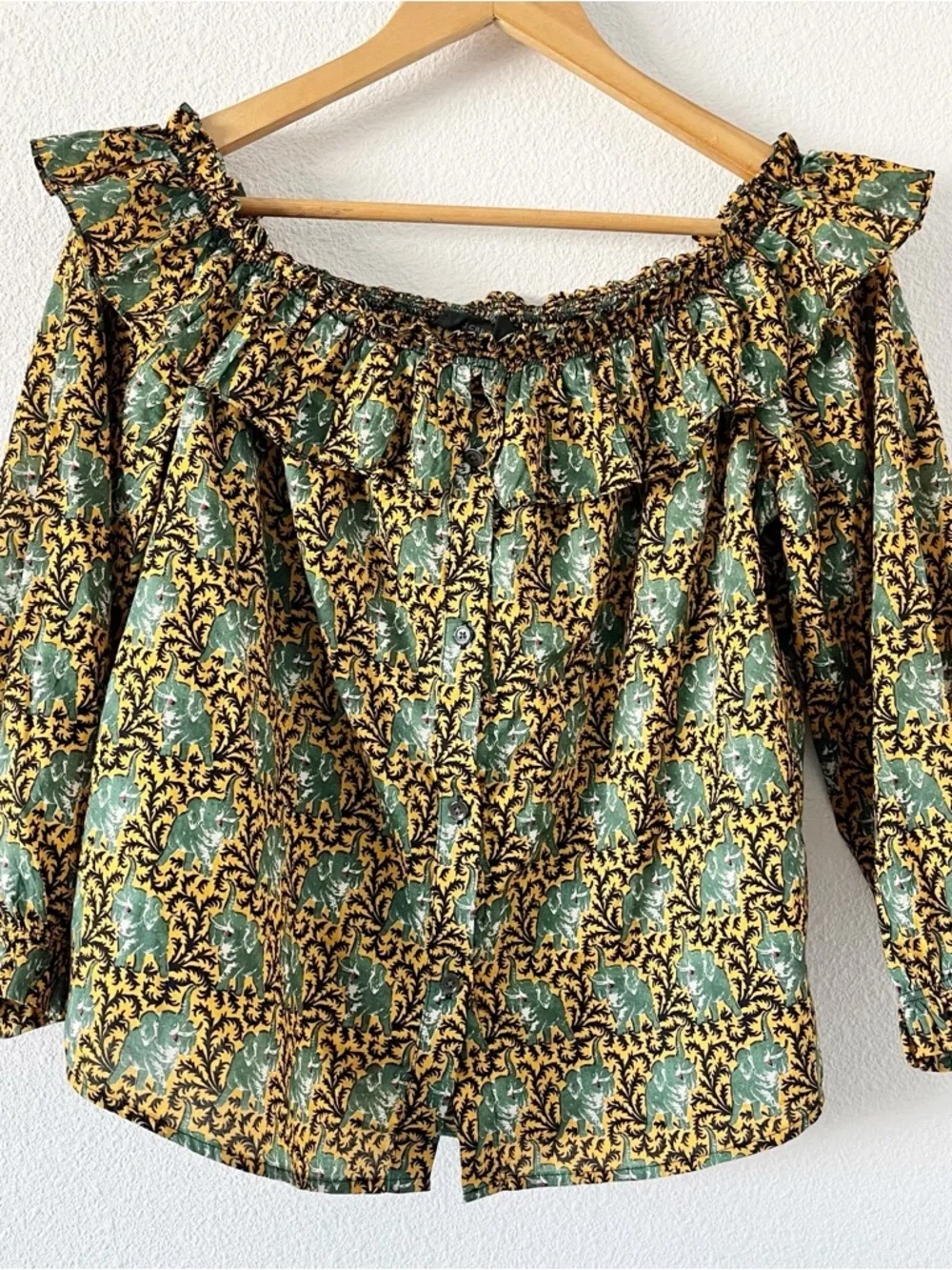 J.Crew Ratti Elephant Print Boho Peasant Blouse Green Gold Off Shoulder Top